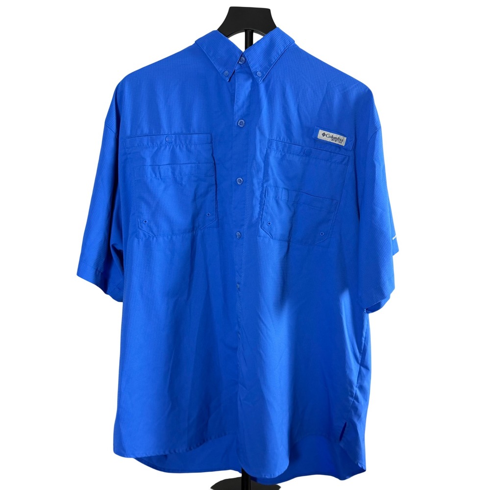 Columbia PFG Mens Blue Short Sleeve Fishing Shirt Omni-Shade Ripstop XL